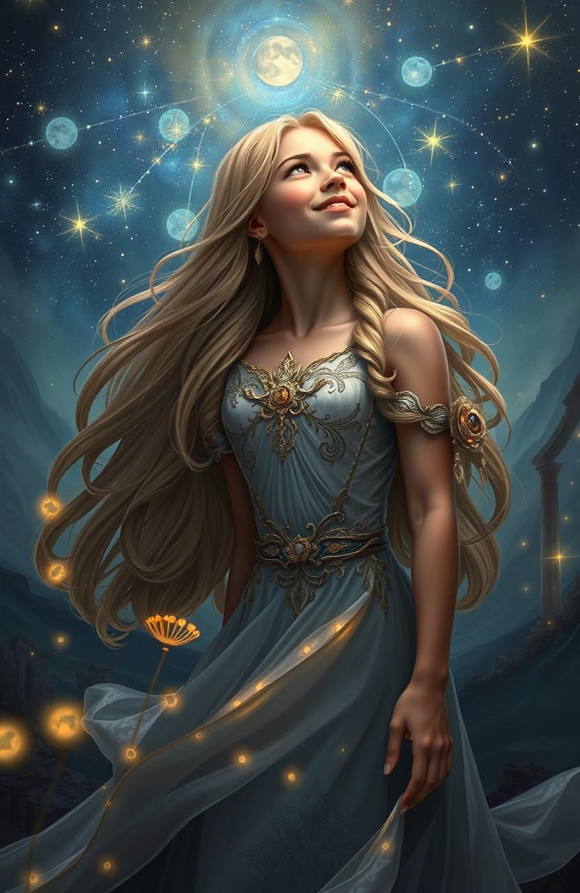 A fantasy portrait of Detromia, a sixteen-year-old female adventurer, with long flowing hair and a radiant smile, gazing up at a starry night sky