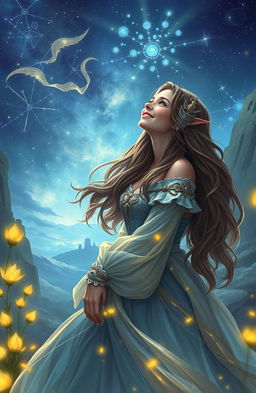 A fantasy portrait of Detromia, a sixteen-year-old female adventurer, with long flowing hair and a radiant smile, gazing up at a starry night sky