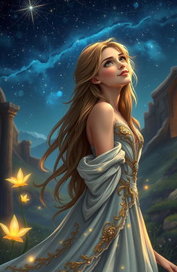 A fantasy portrait of Detromia, a sixteen-year-old female adventurer, with long flowing hair and a radiant smile, gazing up at a starry night sky