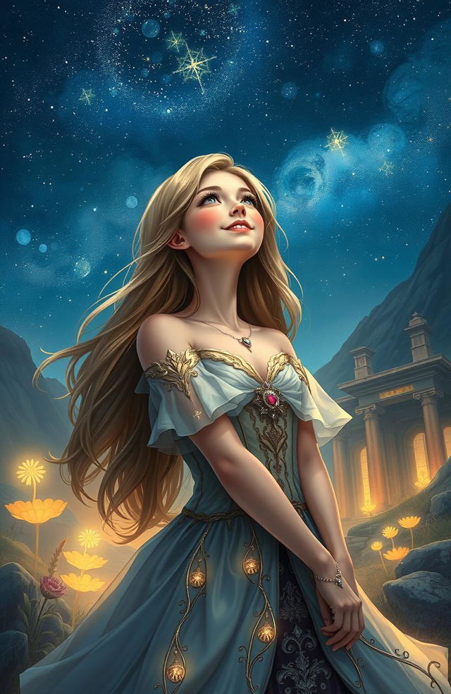 A fantasy portrait of Detromia, a sixteen-year-old female adventurer, with long flowing hair and a radiant smile, gazing up at a starry night sky