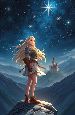 A sweeping fantasy landscape depicting Detromia, a sixteen year old adventurer with long flowing hair, dressed in elegant yet practical adventurer clothing, standing on a cliff under a starry night sky