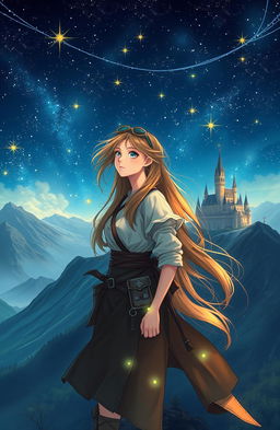 A sweeping fantasy landscape depicting Detromia, a sixteen year old adventurer with long flowing hair, dressed in elegant yet practical adventurer clothing, standing on a cliff under a starry night sky