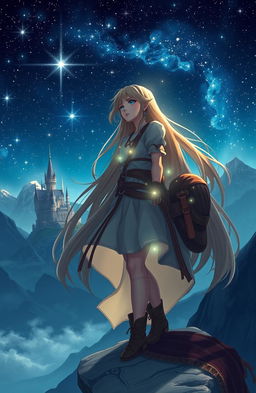A sweeping fantasy landscape depicting Detromia, a sixteen year old adventurer with long flowing hair, dressed in elegant yet practical adventurer clothing, standing on a cliff under a starry night sky