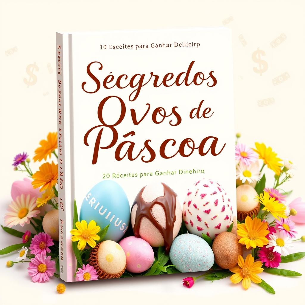 A beautifully designed cookbook cover titled 'Segredos dos Ovos de Páscoa: 20 Receitas para Ganhar Dinheiro'
