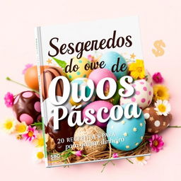 A beautifully designed cookbook cover titled 'Segredos dos Ovos de Páscoa: 20 Receitas para Ganhar Dinheiro'