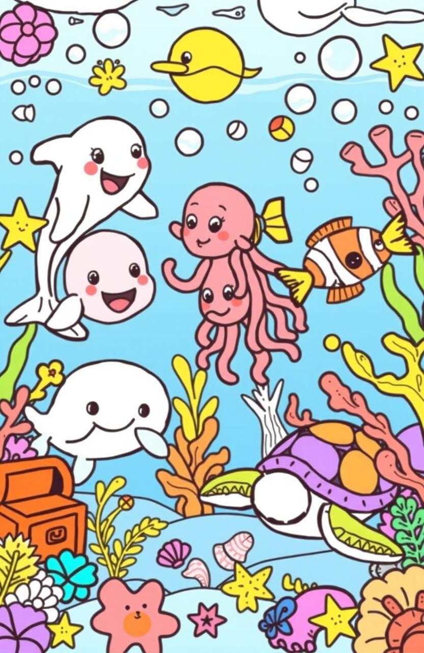 A vibrant and engaging coloring book page designed for children featuring a delightful underwater scene