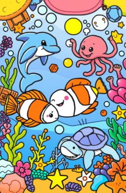 A vibrant and engaging coloring book page designed for children featuring a delightful underwater scene