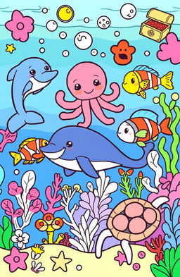A vibrant and engaging coloring book page designed for children featuring a delightful underwater scene