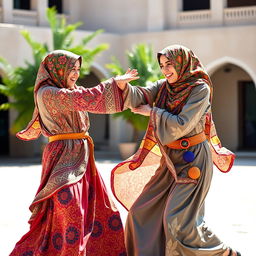 A dynamic scene of two Niqabi girls engaged in a playful sparring match