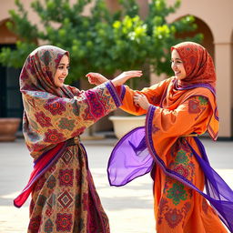 A dynamic scene of two Niqabi girls engaged in a playful sparring match