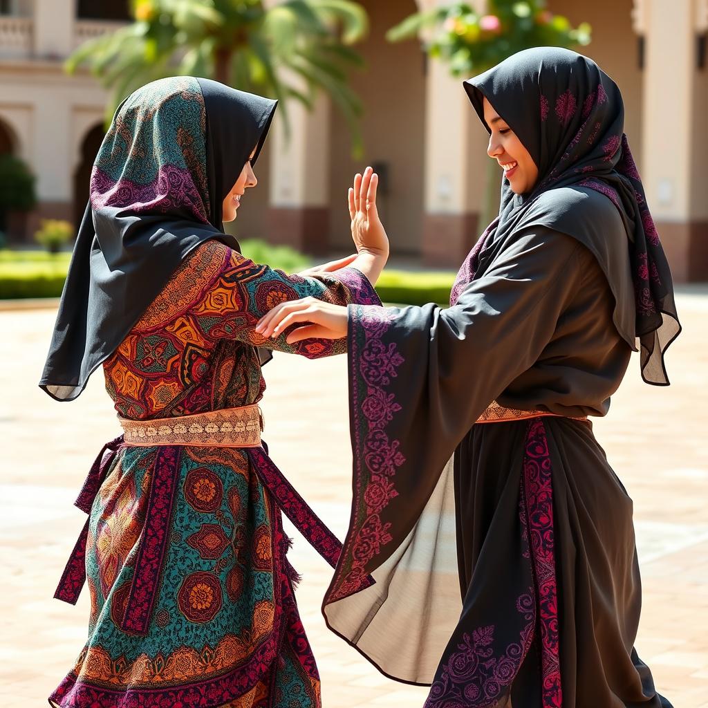 A dynamic scene of two Niqabi girls engaged in a playful sparring match