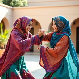 A dynamic scene of two Niqabi girls engaged in a playful sparring match