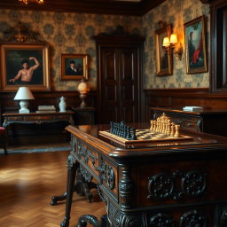 A cozy hall interior featuring a beautifully polished wooden desk with intricate carvings