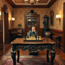 A cozy hall interior featuring a beautifully polished wooden desk with intricate carvings