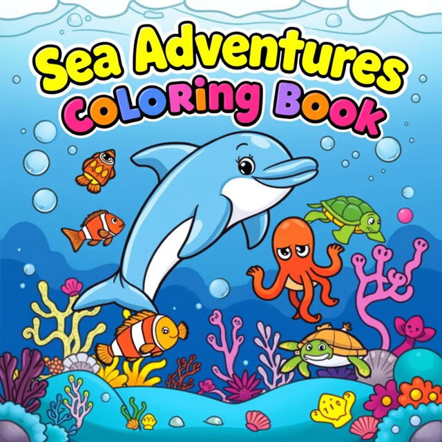 An inviting front cover design for a children's coloring book featuring sea animals