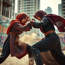 Two niqabi girls engaged in a dramatic fight, showcasing powerful martial arts moves in an urban setting