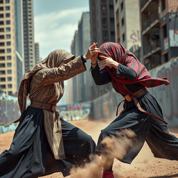 Two niqabi girls engaged in a dramatic fight, showcasing powerful martial arts moves in an urban setting