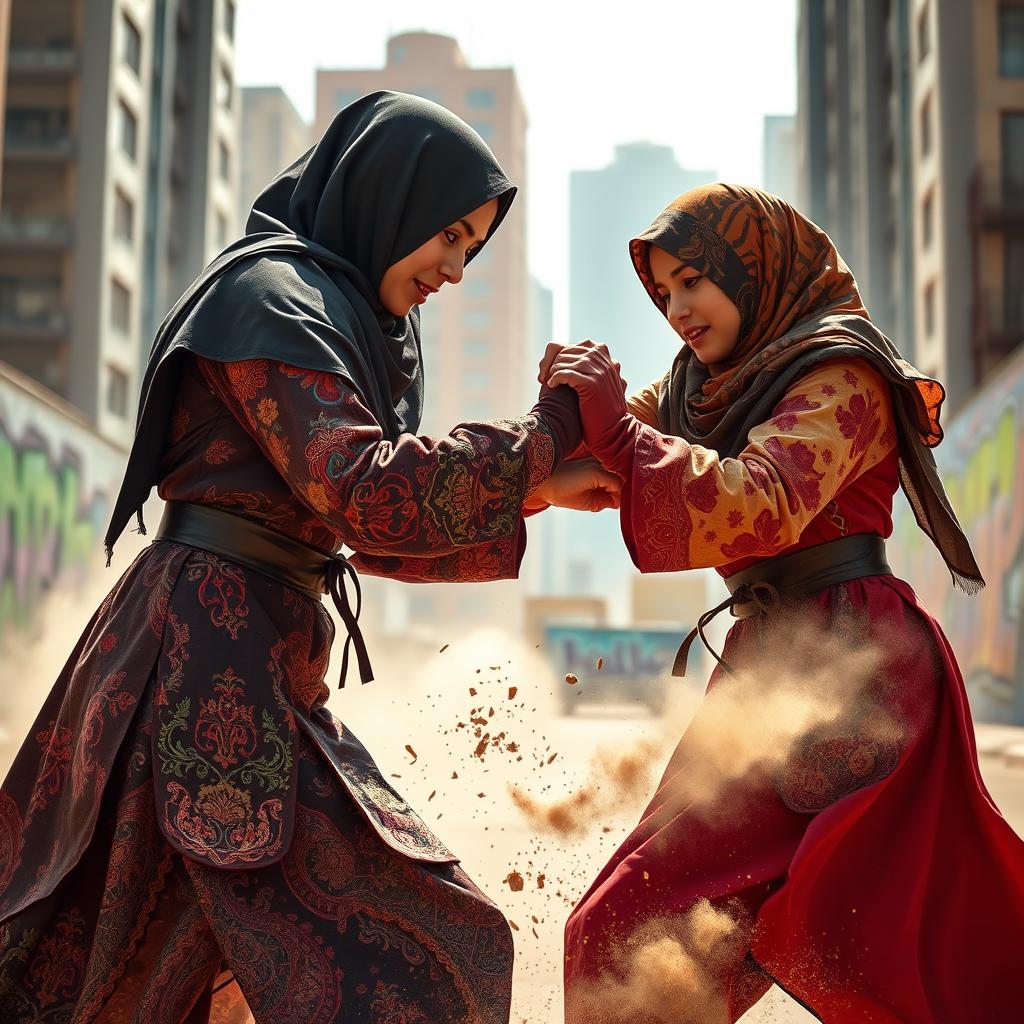 Two niqabi girls engaged in a dramatic fight, showcasing powerful martial arts moves in an urban setting