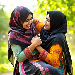 A dramatic scene featuring two Niqabi girls engaged in a playful wrestling match