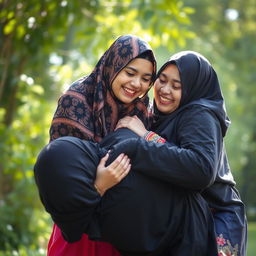 A dramatic scene featuring two Niqabi girls engaged in a playful wrestling match