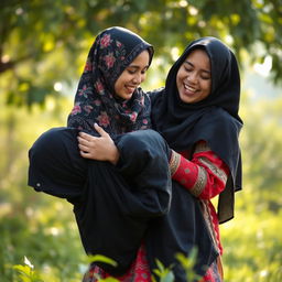 A dramatic scene featuring two Niqabi girls engaged in a playful wrestling match