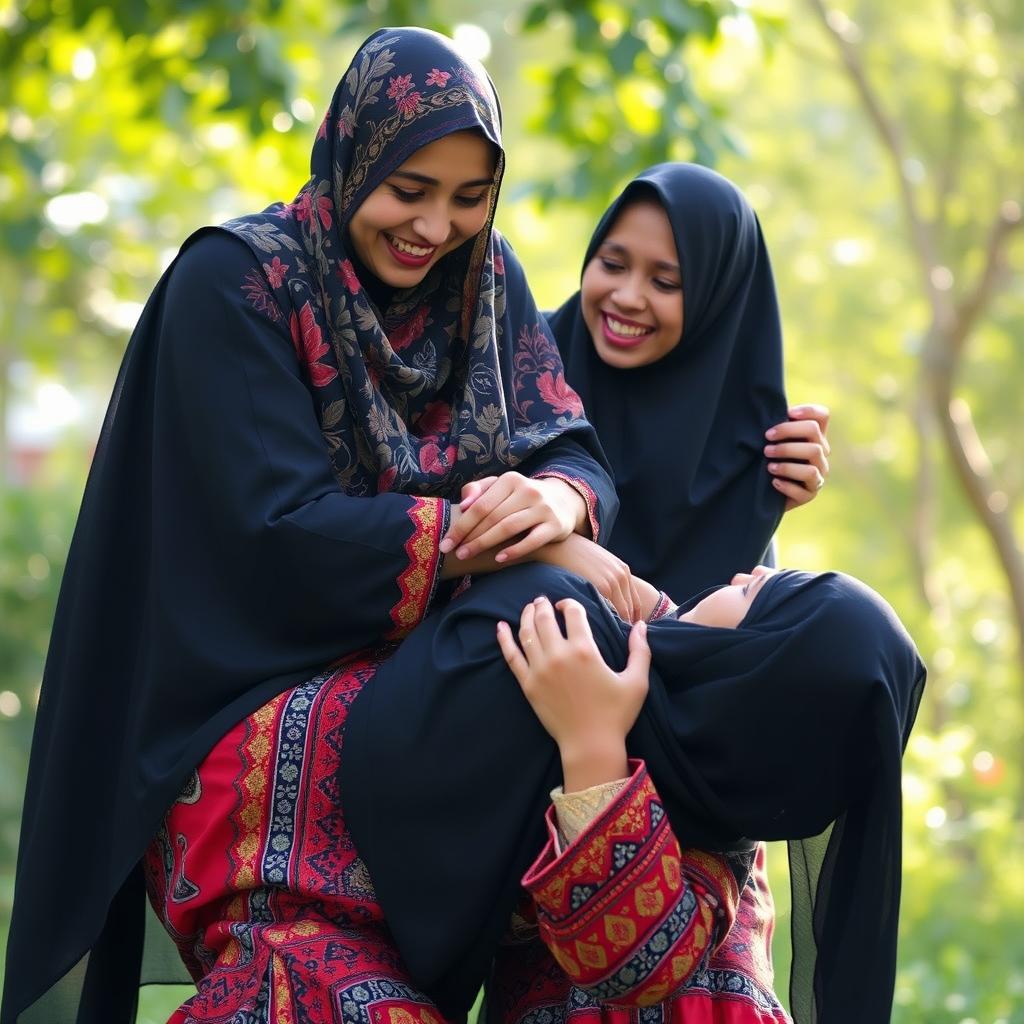 A dramatic scene featuring two Niqabi girls engaged in a playful wrestling match
