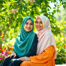 A scene depicting two niqabi girls in a bright, vibrant outdoor setting