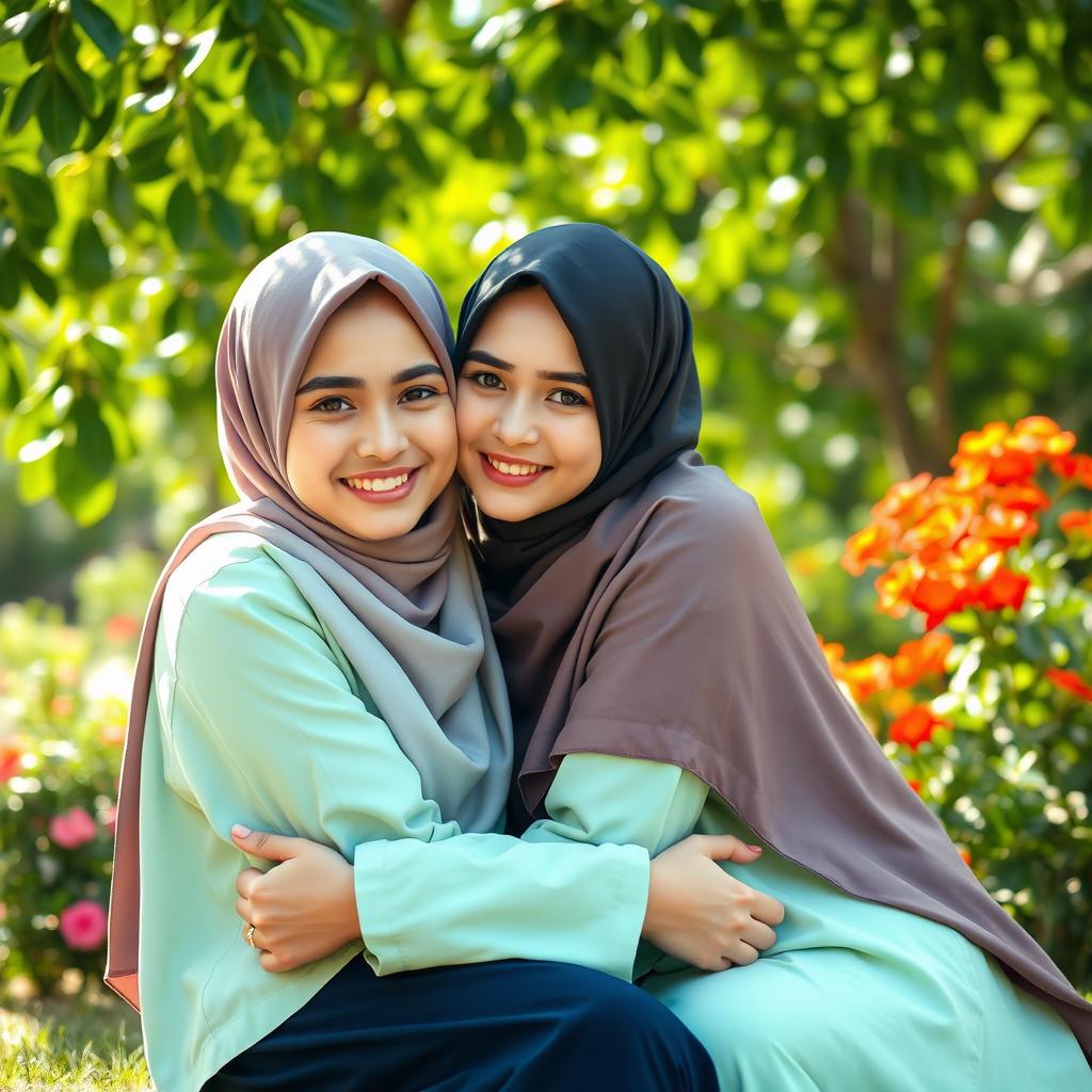 A scene depicting two niqabi girls in a bright, vibrant outdoor setting