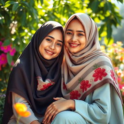 A scene depicting two niqabi girls in a bright, vibrant outdoor setting