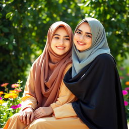A scene depicting two niqabi girls in a bright, vibrant outdoor setting