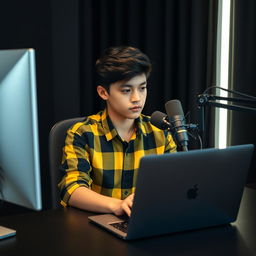 A 21-year-old boy sitting at a computer desk, focused and engaged in his activity