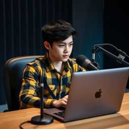 A 21-year-old boy sitting at a computer desk, focused and engaged in his activity