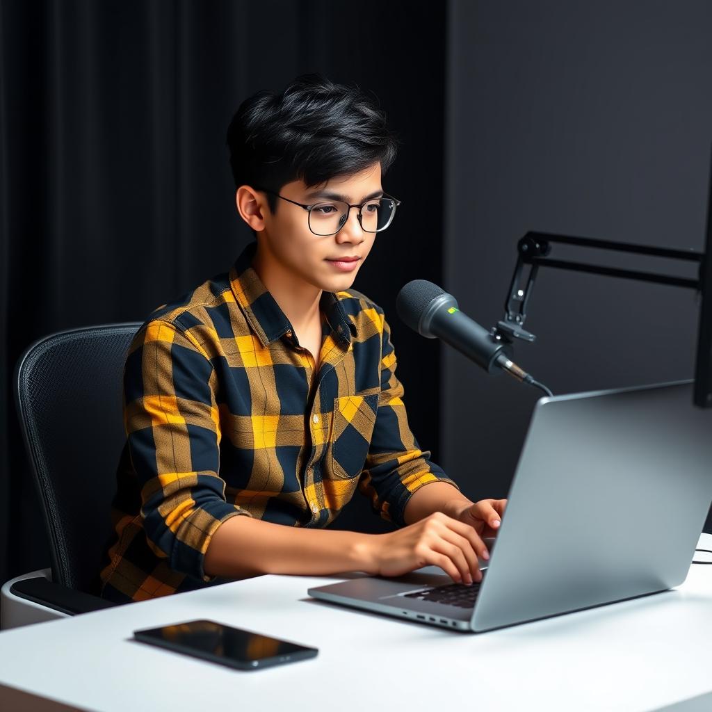 A 21-year-old boy sitting at a computer desk, focused and engaged in his activity