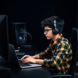 A 21-year-old boy sitting at a computer desk, focused and engaged in his activity