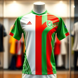 A vibrant men's soccer jersey design featuring the colors green, red, and white