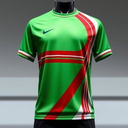A vibrant men's soccer jersey design featuring the colors green, red, and white