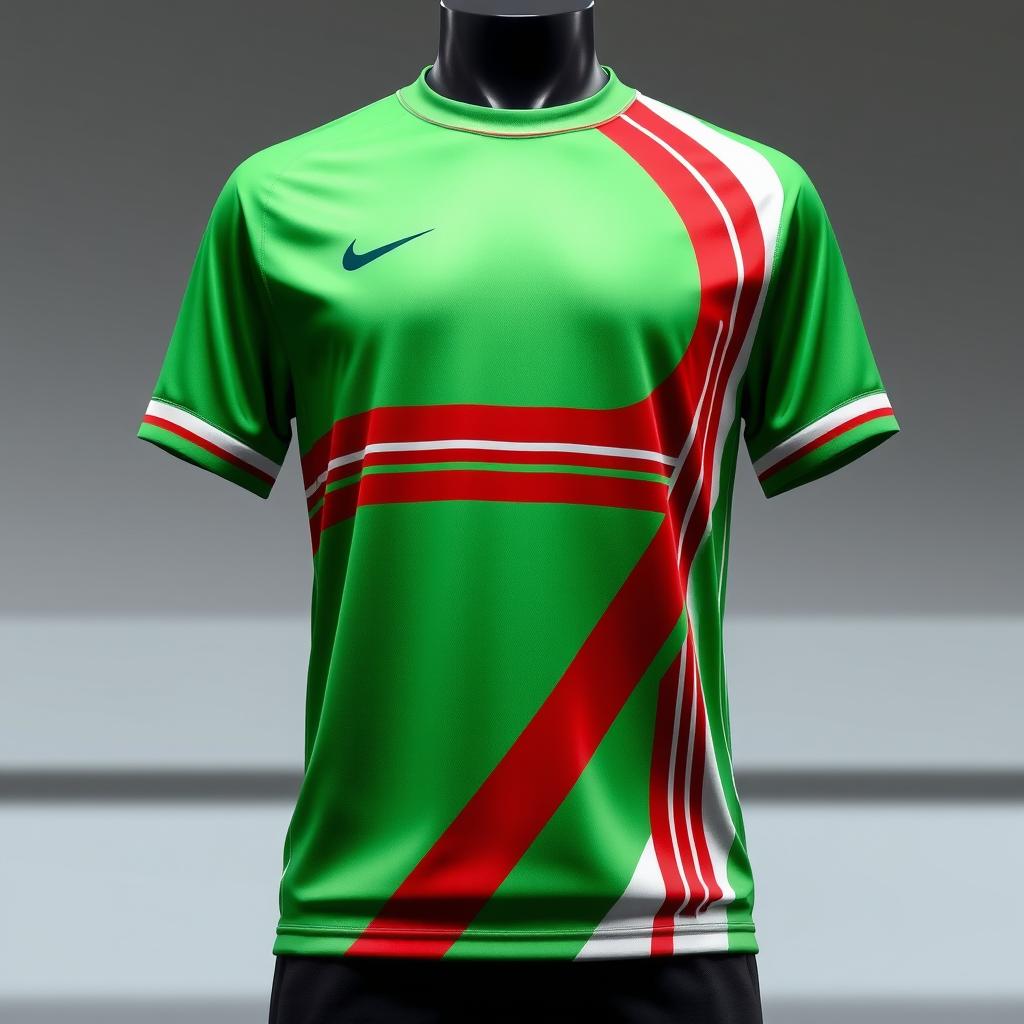 A vibrant men's soccer jersey design featuring the colors green, red, and white