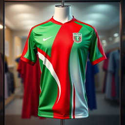 A vibrant men's soccer jersey design featuring the colors green, red, and white