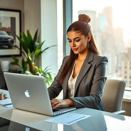 A professional woman sitting at a beautifully decorated office desk, focused on her work making rupees, with a laptop open in front of her displaying financial graphs and charts