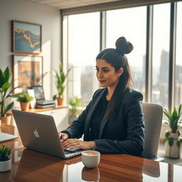 A professional woman sitting at a beautifully decorated office desk, focused on her work making rupees, with a laptop open in front of her displaying financial graphs and charts