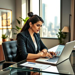 A professional woman sitting at a beautifully decorated office desk, focused on her work making rupees, with a laptop open in front of her displaying financial graphs and charts