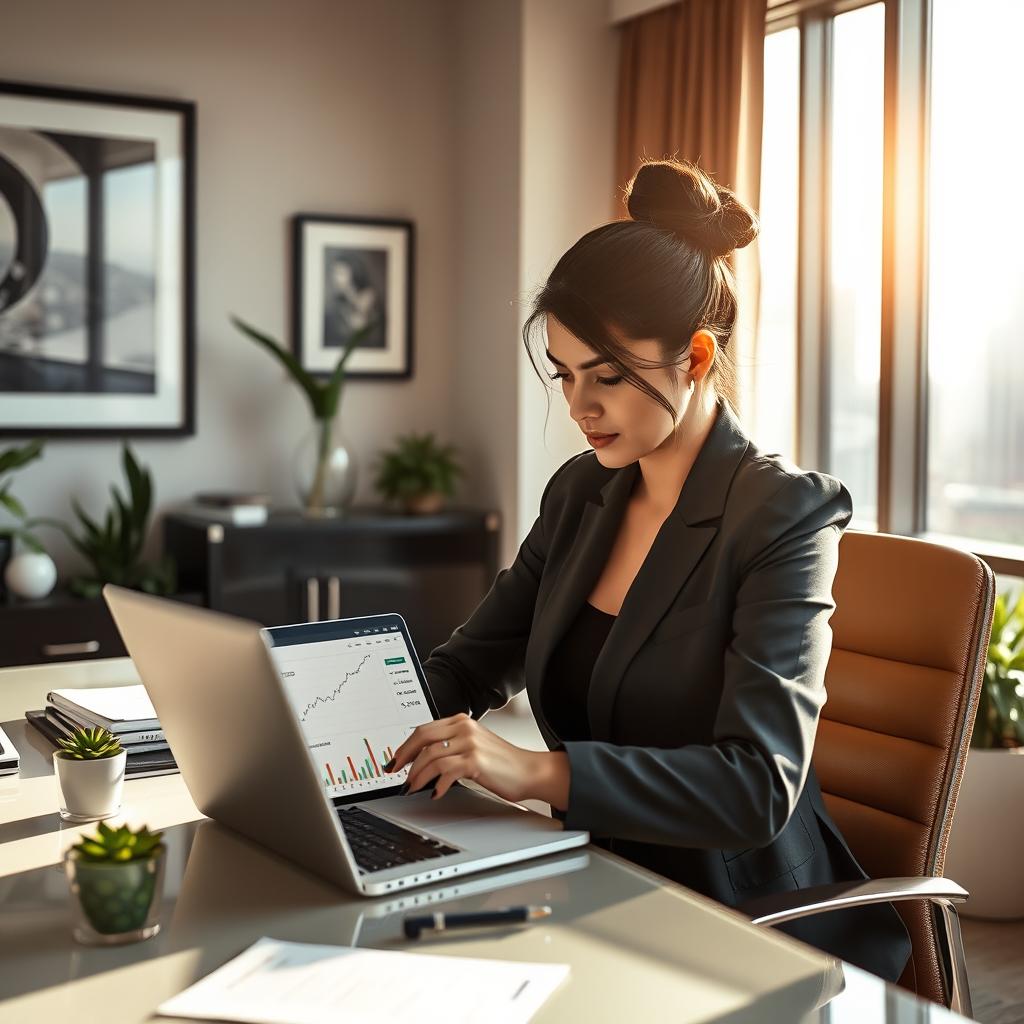 A professional woman sitting at a beautifully decorated office desk, focused on her work making rupees, with a laptop open in front of her displaying financial graphs and charts