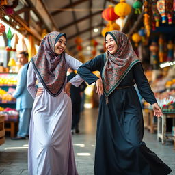 A dynamic scene depicting two niqabi girls playfully hip bumping each other