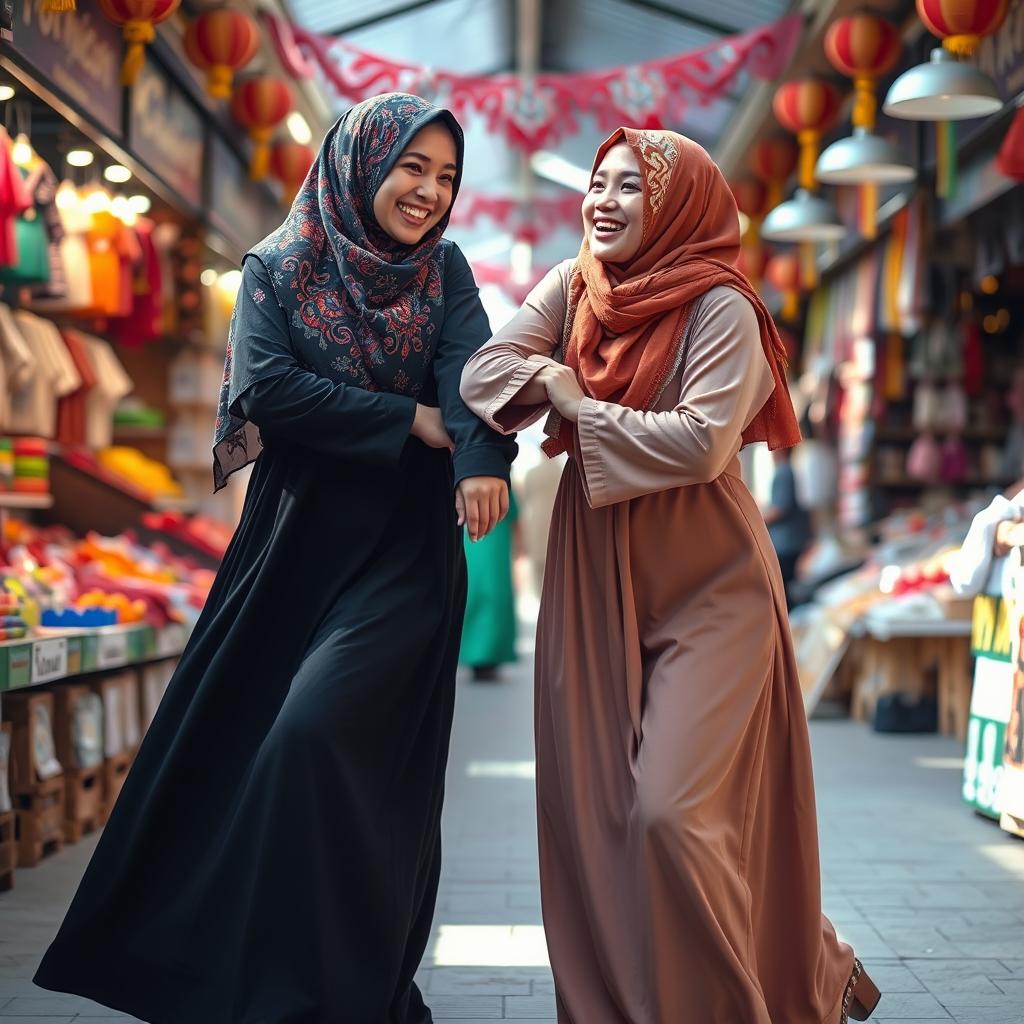 A dynamic scene depicting two niqabi girls playfully hip bumping each other
