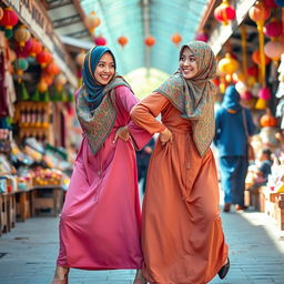 A dynamic scene depicting two niqabi girls playfully hip bumping each other
