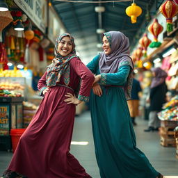A dynamic scene depicting two niqabi girls playfully hip bumping each other