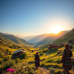 A stunning landscape of Kurdistan, showcasing the breathtaking mountains and valleys, dotted with traditional Kurdish houses
