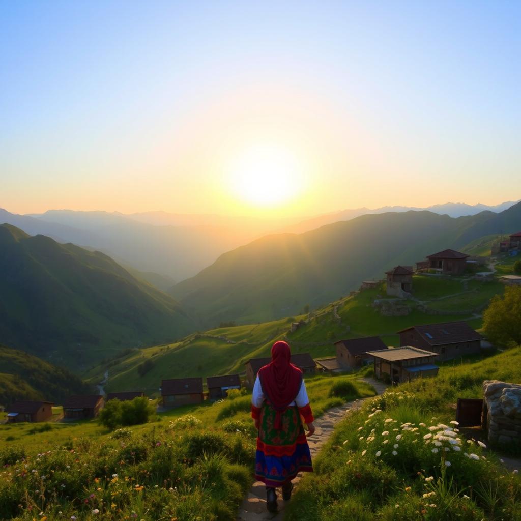 A stunning landscape of Kurdistan, showcasing the breathtaking mountains and valleys, dotted with traditional Kurdish houses