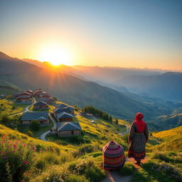 A stunning landscape of Kurdistan, showcasing the breathtaking mountains and valleys, dotted with traditional Kurdish houses