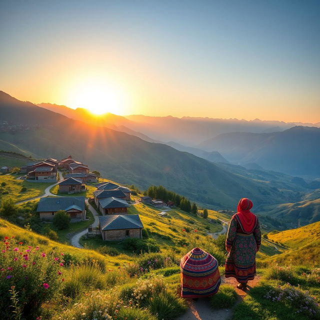 A stunning landscape of Kurdistan, showcasing the breathtaking mountains and valleys, dotted with traditional Kurdish houses